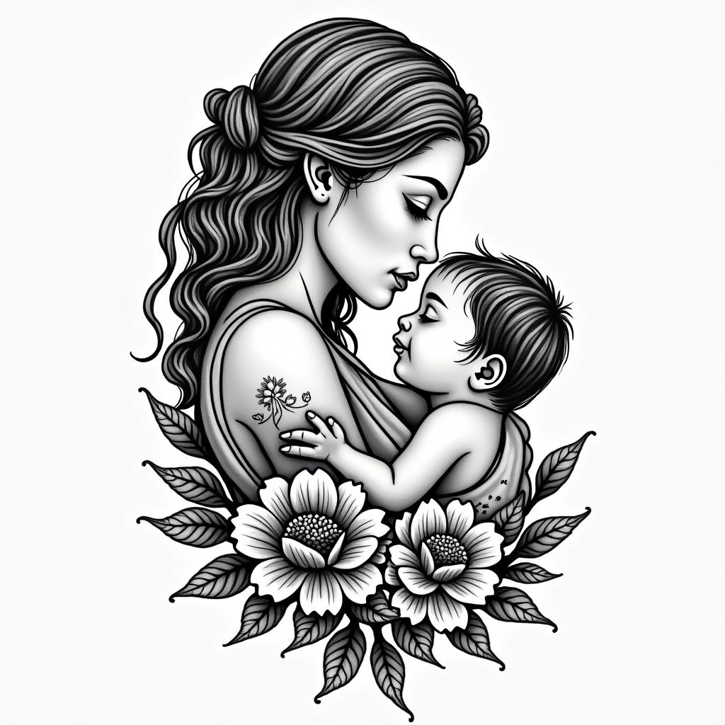 Motherhoodin authentic tattoo style, incorporating traditional modifications, bold black outlines, solid color fills, featuring classic authentic elements - Variation 4