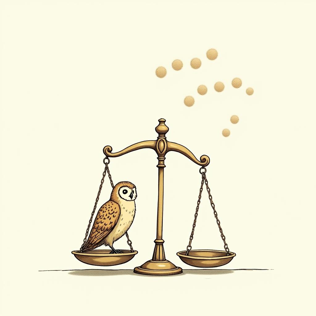 The scales of justice. On the left side is an owl parched on a scale. And on the right scale are ellipsis, floating above. The right scale is weighed down, to symbolize the weight of words. While the owl perched on the left scale, looks ahead at me with its body turned to the right scale. Ghibli, Studio Ghibli aesthetic, hand-drawn anime style, retro nostalgic atmosphere, retro soft pastel color palette with earthy tones, retro Japanese cinematic shot, yellow tint effect, bald character, smooth surface, anime shadow 90's anime style - Variation 3