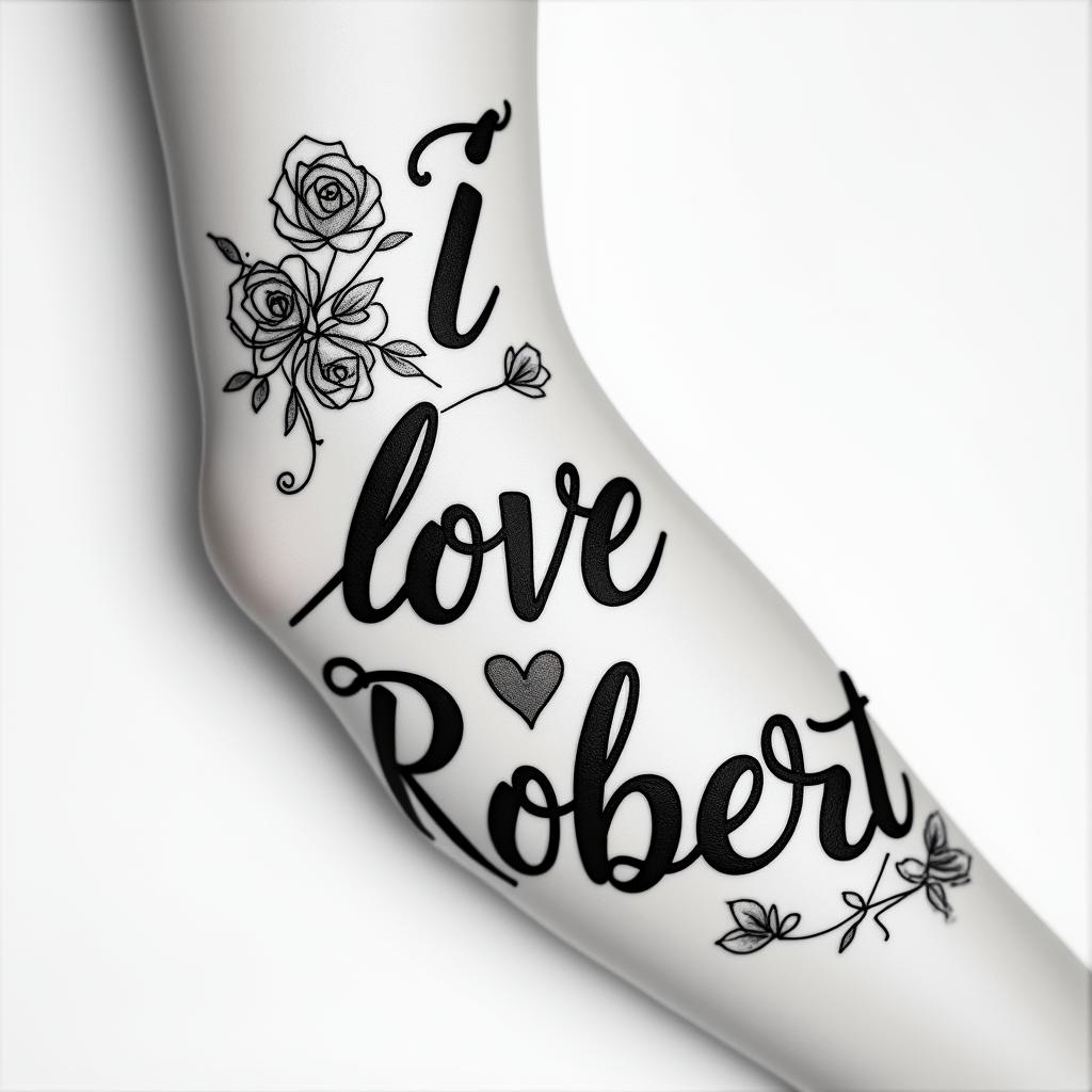 I love Robertin elegant cursive calligraphy style 2d tattoo, decorate with roses, featuring a smooth and flowing handwritten script with slightly thickened strokes for a luxurious and bold appearance,  heart symbol between names,  sleek and glossy black text with shadowing, minimalist matte white background, clean and sharp edges, illuminated with soft lighting, romantic, 8k, high-quality textures with refined typography