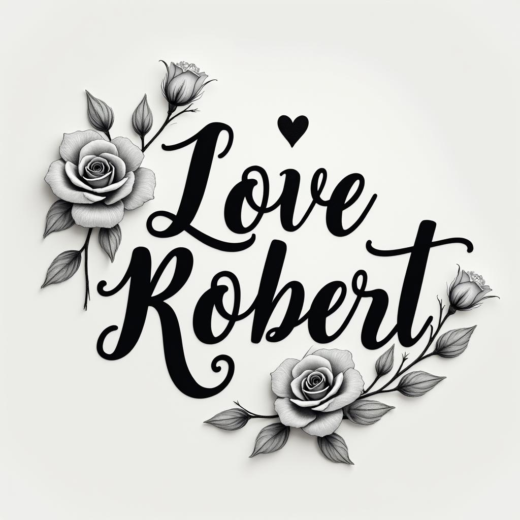 I love Robertin elegant cursive calligraphy style 2d tattoo, decorate with roses, featuring a smooth and flowing handwritten script with slightly thickened strokes for a luxurious and bold appearance,  heart symbol between names,  sleek and glossy black text with shadowing, minimalist matte white background, clean and sharp edges, illuminated with soft lighting, romantic, 8k, high-quality textures with refined typography - Variation 2