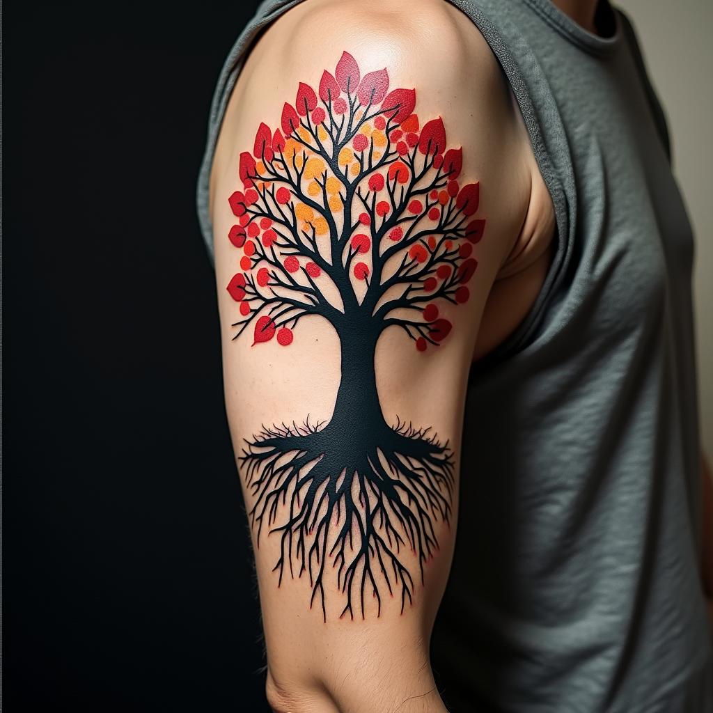 Tree of life with roots and branchesin pop art style tattoo, featuring bold and vibrant colors, exaggerated outlines, iconic imagery, inspired by comic books and speech bubbles, comic book characters, retro pop culture - Variation 4