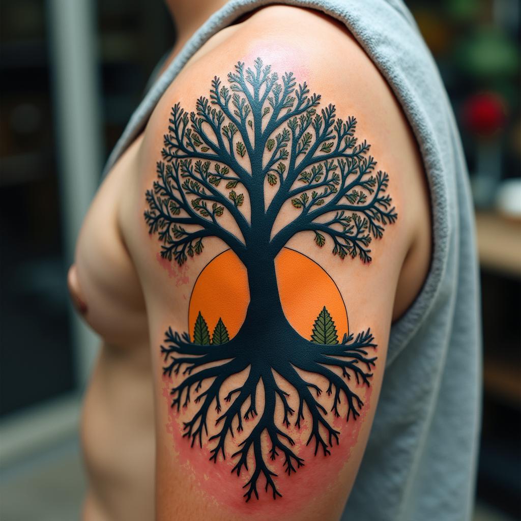 Tree of life with roots and branchesin pop art style tattoo, featuring bold and vibrant colors, exaggerated outlines, iconic imagery, inspired by comic books and speech bubbles, comic book characters, retro pop culture - Variation 2