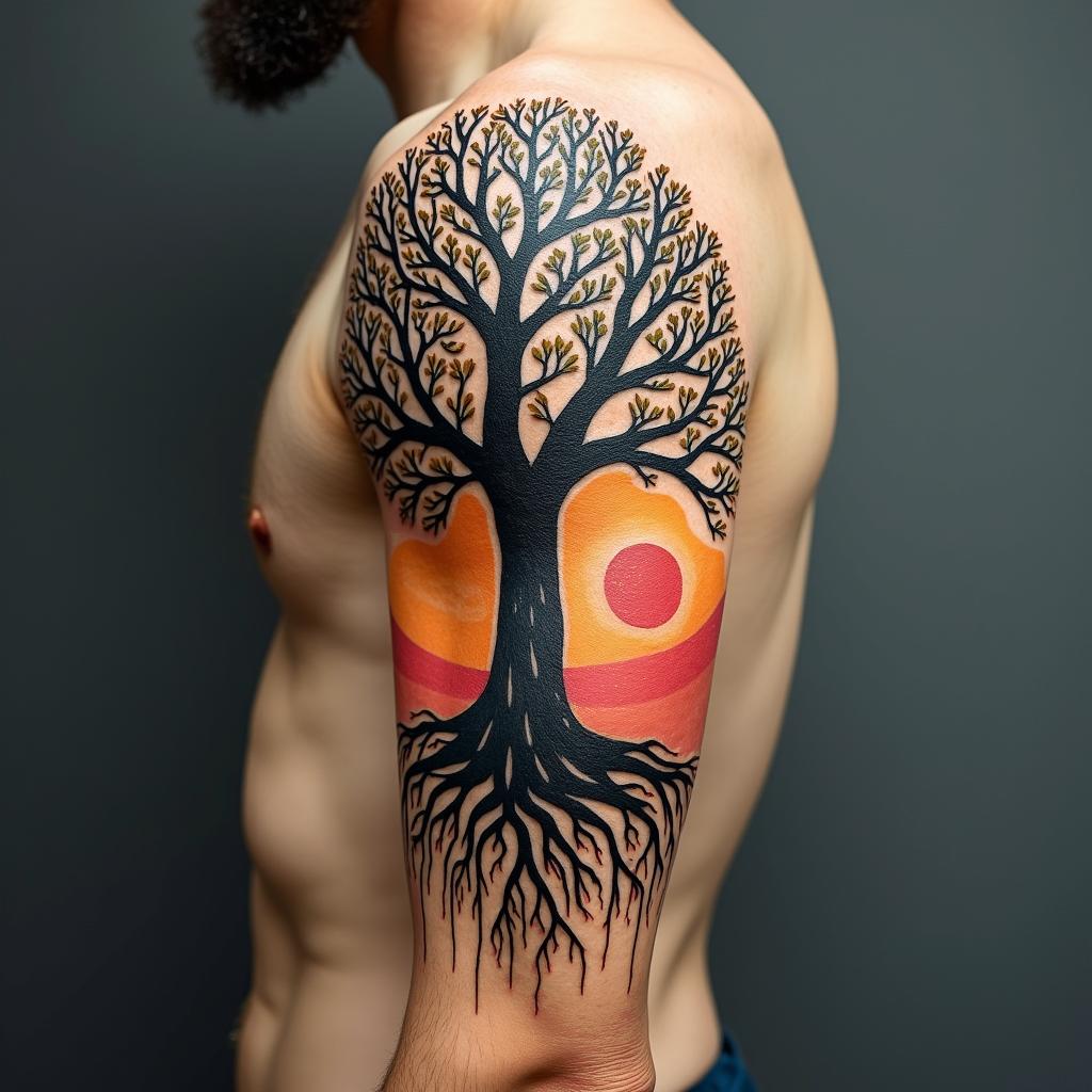 Tree of life with roots and branchesin pop art style tattoo, featuring bold and vibrant colors, exaggerated outlines, iconic imagery, inspired by comic books and speech bubbles, comic book characters, retro pop culture - Variation 3