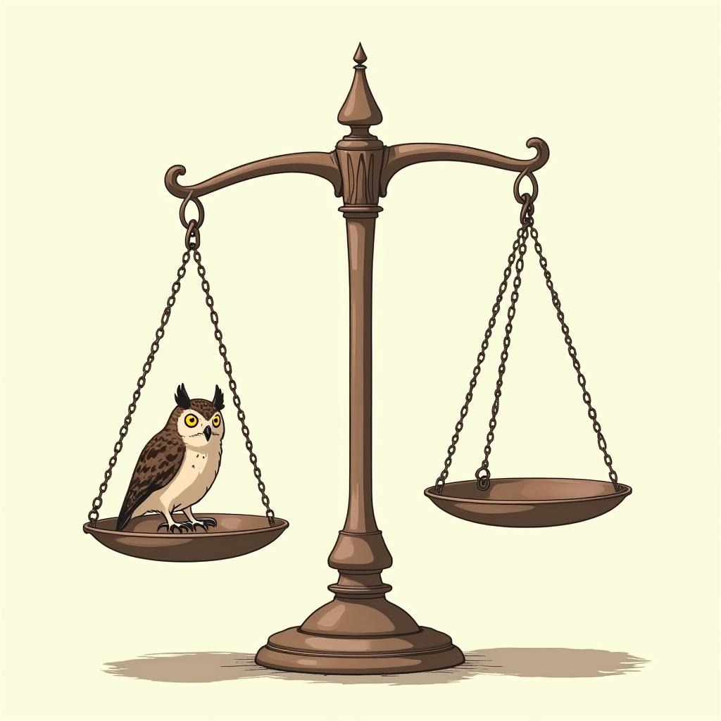 The scales of justice. On the left side is an owl parched on a scale. And on the right scale are ellipsis, floating above. The right scale is weighed down, to symbolize the weight of words. While the owl perched on the left scale, looks ahead at me with its body turned to the right scale. Ghibli, Studio Ghibli aesthetic, hand-drawn anime style, retro nostalgic atmosphere, retro soft pastel color palette with earthy tones, retro Japanese cinematic shot, yellow tint effect, bald character, smooth surface, anime shadow 90's anime style