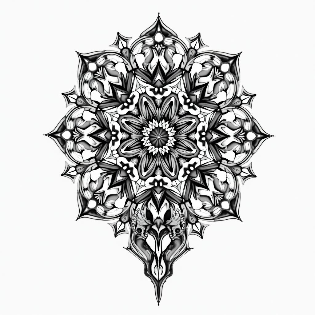 Motherhood in geometric style tattoo, blending hexagons, mandala-inspired patterns, symmetrical and fractal design, clean lines, sharp angles - Variation 4