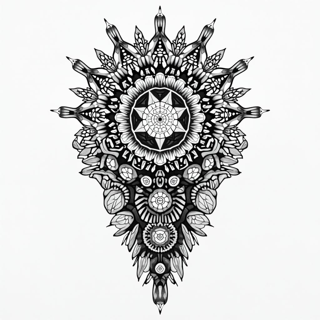 Motherhood in geometric style tattoo, blending hexagons, mandala-inspired patterns, symmetrical and fractal design, clean lines, sharp angles