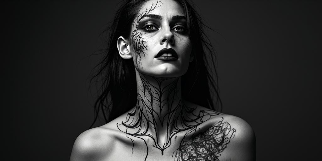 Norse Goddess Hel (In Norse mythology, Hel is described as a being of striking duality: half flesh-colored and half blue, often associated with death. This visual representation, along with her grim and fierce expression, emphasizes her role as the queen of Helheim, the underworld)in portrait tattoo style, featuring a highly realistic and detailed depiction 
