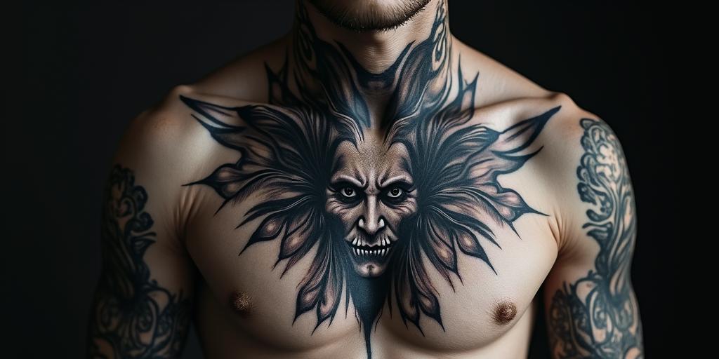 Norse Goddess Hel (In Norse mythology, Hel is described as a being of striking duality: half flesh-colored and half blue, often associated with death. This visual representation, along with her grim and fierce expression, emphasizes her role as the queen of Helheim, the underworld)in portrait tattoo style, featuring a highly realistic and detailed depiction - Variation 2