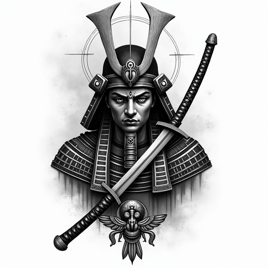 Samurai with a katanain egyptian style tattoo, bold elements of ancient egyptian culture including a portrait of an Egyptian pharaoh with detailed facial features, in hieroglyphs and symbolic imagery, eye of horus, ankh symbol, scarab beetle - Variation 3