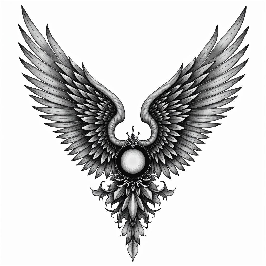 Angel wings with detailed feathersin paganic style tattoo, featuring ancient symbols, add vegvisir symbol, mystical figures, incorporating designs, pentagrams, runes, crescent moons, - Variation 8