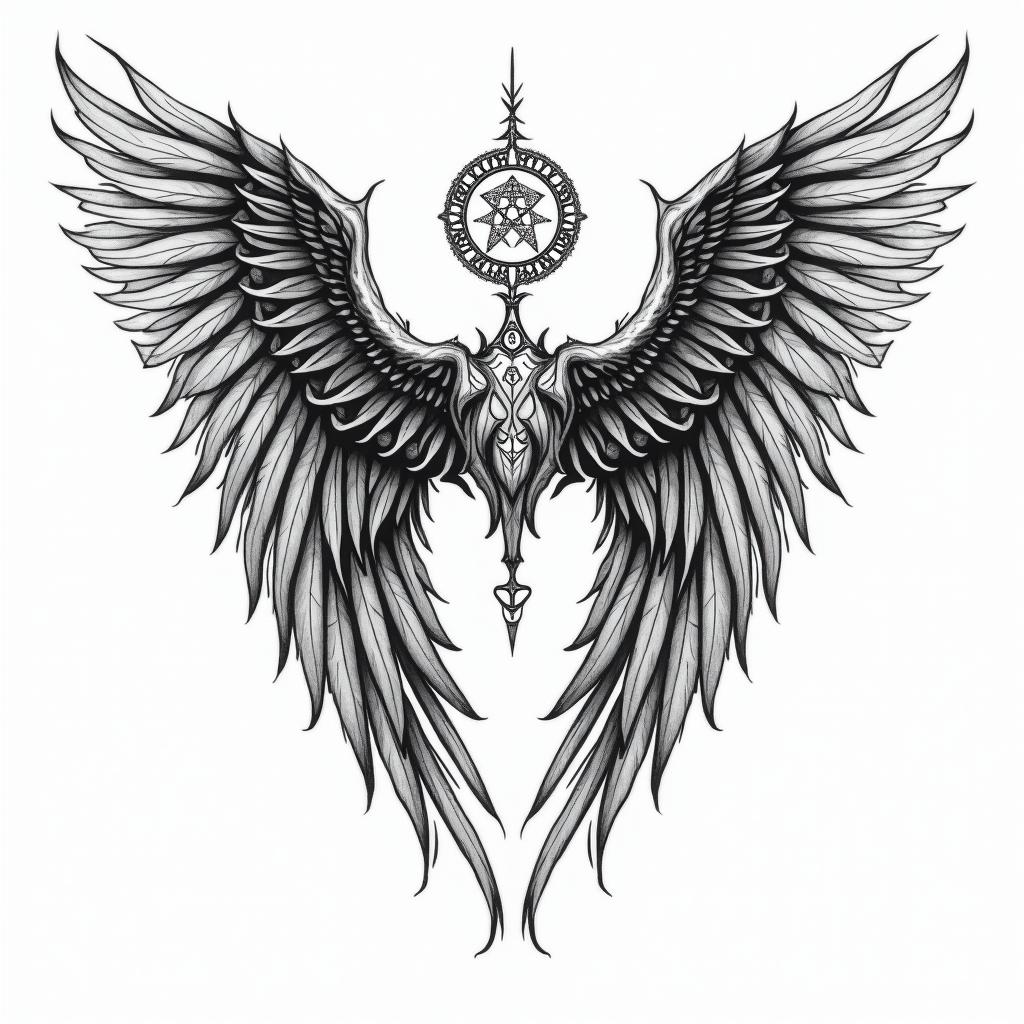 Angel wings with detailed feathersin paganic style tattoo, featuring ancient symbols, add vegvisir symbol, mystical figures, incorporating designs, pentagrams, runes, crescent moons, - Variation 6