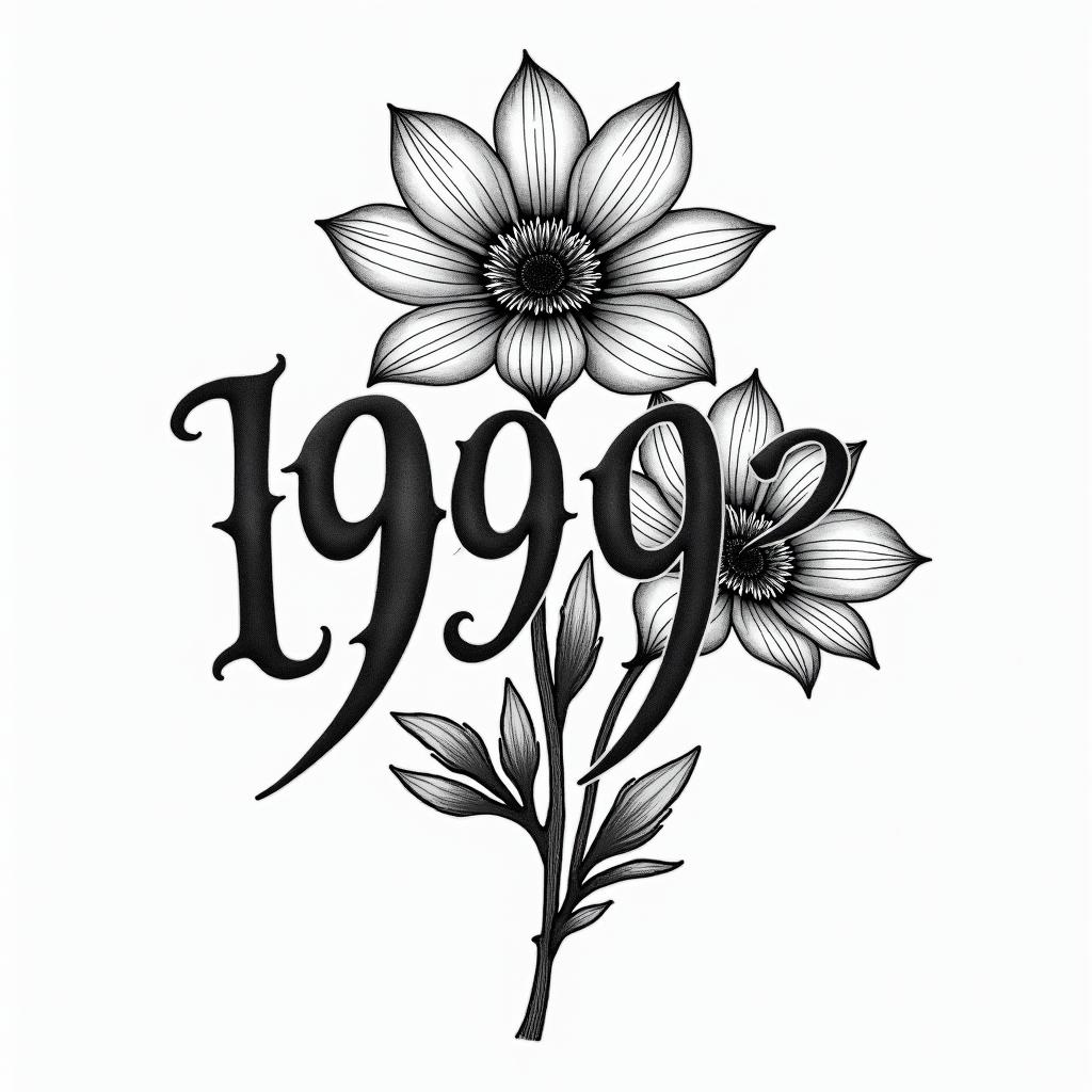 1999 wildflowerstext-based tattoo, gothic font ultra-realistic, perfectly placed, high-quality font design, photo-realistic shading, 8k, high quality, finely detailed typography