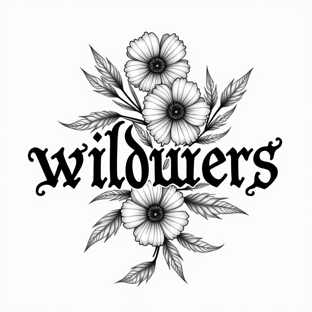 1999 wildflowerstext-based tattoo, gothic font ultra-realistic, perfectly placed, high-quality font design, photo-realistic shading, 8k, high quality, finely detailed typography - Variation 2
