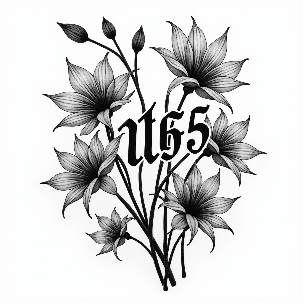 1999 wildflowerstext-based tattoo, gothic font ultra-realistic, perfectly placed, high-quality font design, photo-realistic shading, 8k, high quality, finely detailed typography - Variation 3
