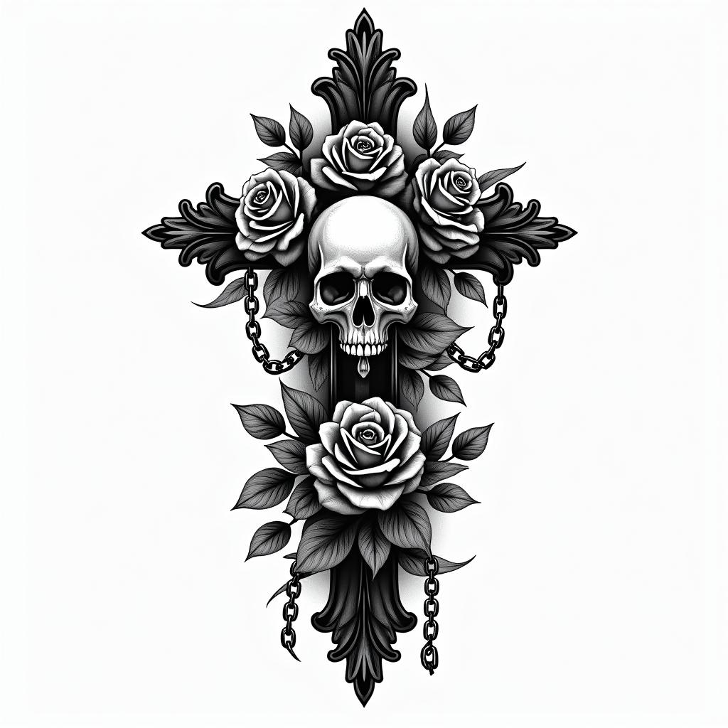 1999 wildflowersin chicano style tattoo, featuring intricate black and grey shading, bold elements of traditional chicano culture symbols, add a big cross with skull, chains and roses