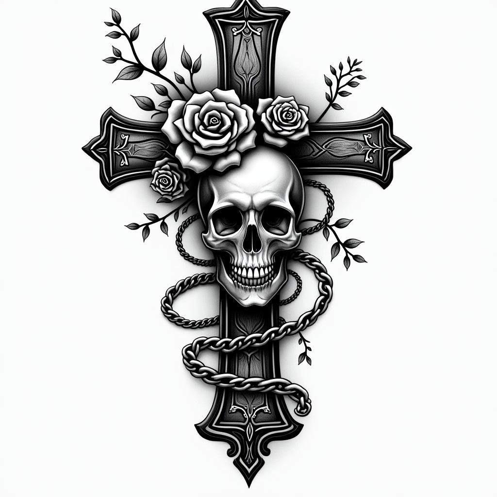 Alice in wonderland gothic stylein chicano style tattoo, featuring intricate black and grey shading, bold elements of traditional chicano culture symbols, add a big cross with skull, chains and roses