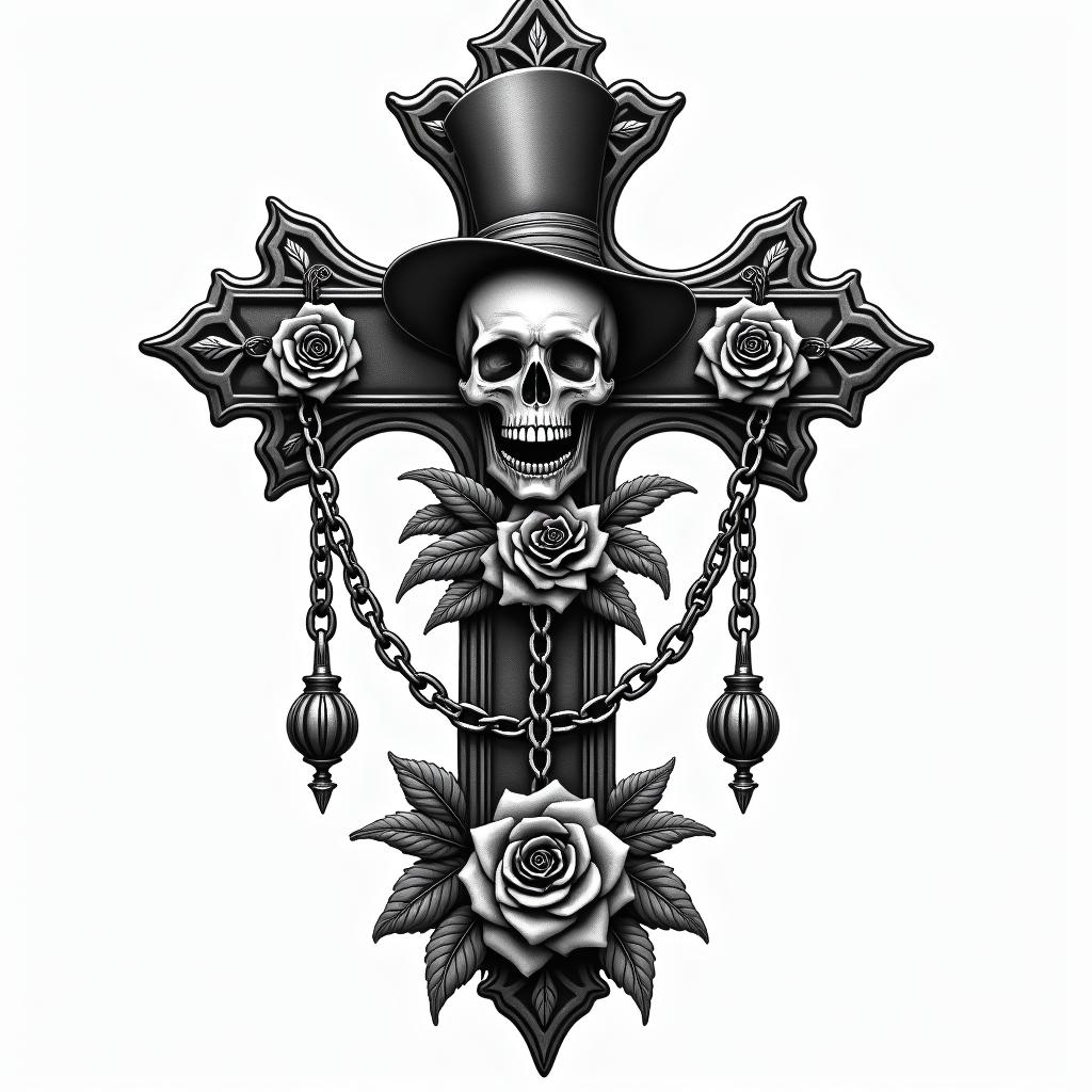 Alice in wonderland gothic stylein chicano style tattoo, featuring intricate black and grey shading, bold elements of traditional chicano culture symbols, add a big cross with skull, chains and roses - Variation 4