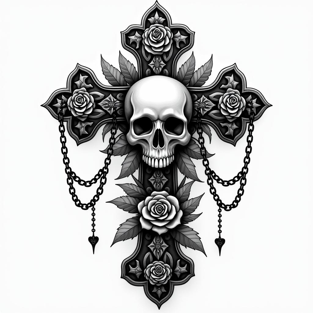 Alice in wonderland gothic stylein chicano style tattoo, featuring intricate black and grey shading, bold elements of traditional chicano culture symbols, add a big cross with skull, chains and roses - Variation 3