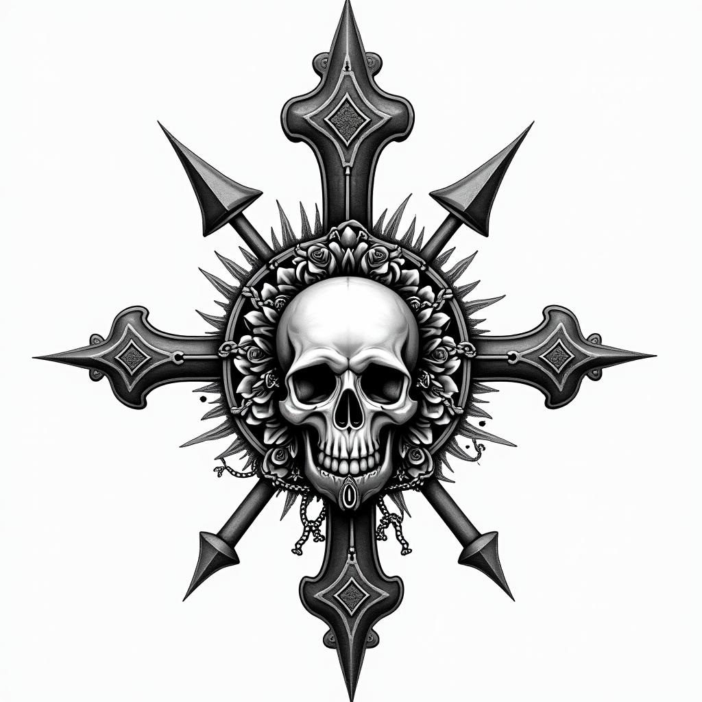 Compass, highly detailedin chicano style tattoo, featuring intricate black and grey shading, bold elements of traditional chicano culture symbols, add a big cross with skull, chains and roses