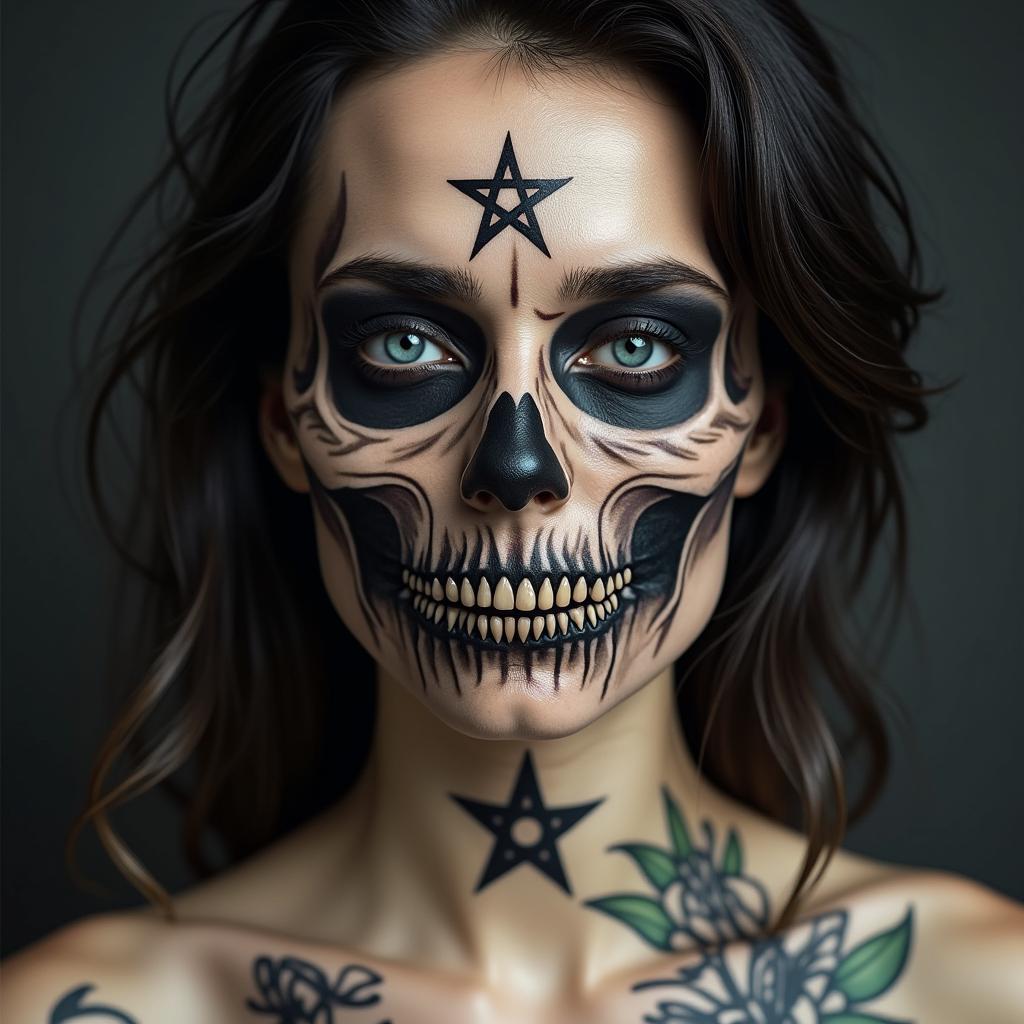 Reflect my lifecreepy horror tattoo style, featuring an eerie and unsettling skull of a demonic creature, distorted face with sharp fangs, add pentagram symbol
