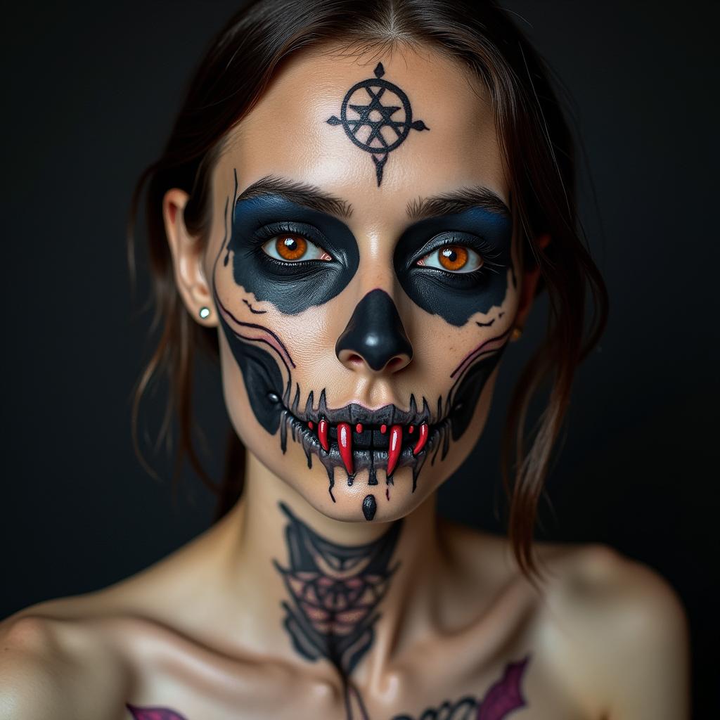 Reflect my lifecreepy horror tattoo style, featuring an eerie and unsettling skull of a demonic creature, distorted face with sharp fangs, add pentagram symbol - Variation 2