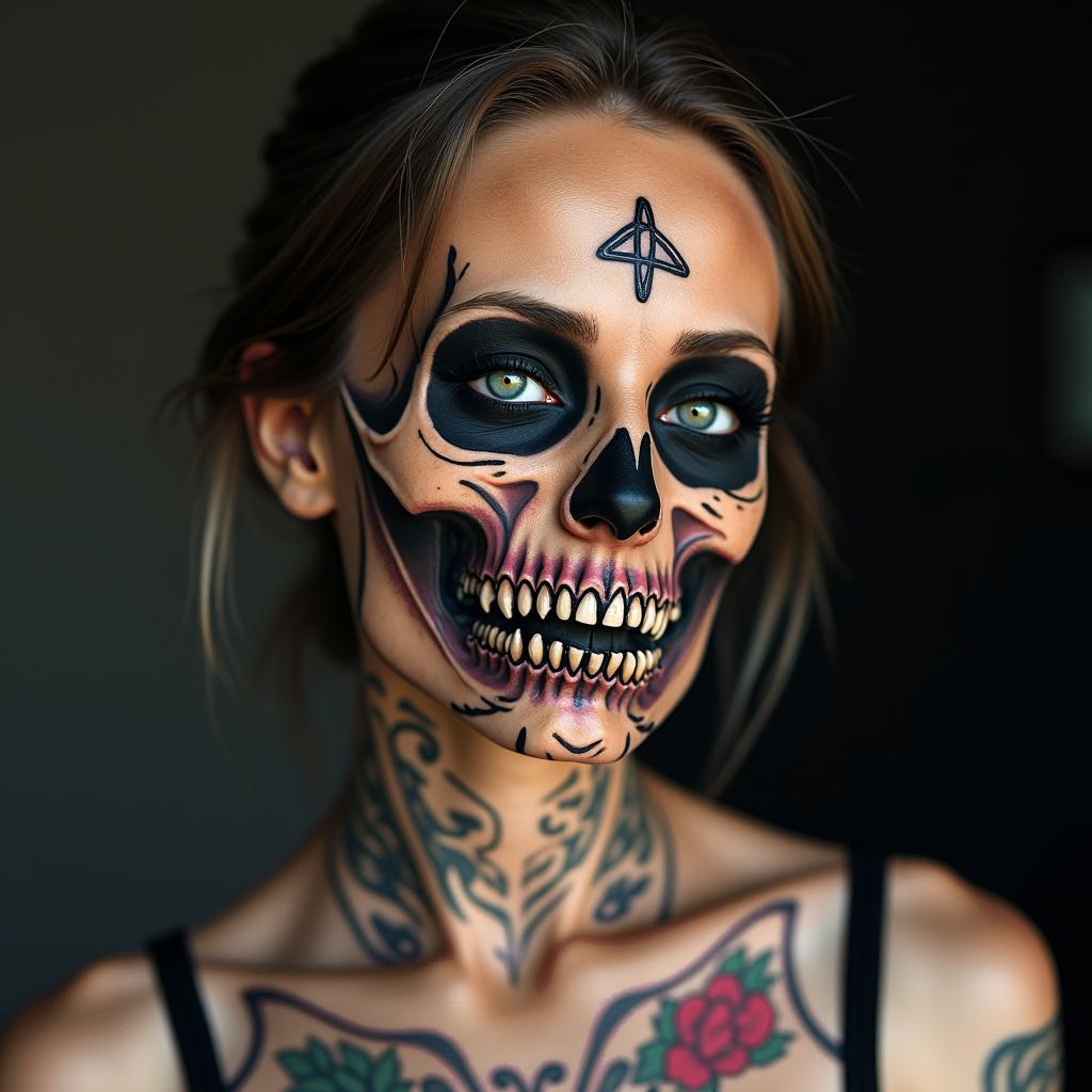 Reflect my lifecreepy horror tattoo style, featuring an eerie and unsettling skull of a demonic creature, distorted face with sharp fangs, add pentagram symbol - Variation 4