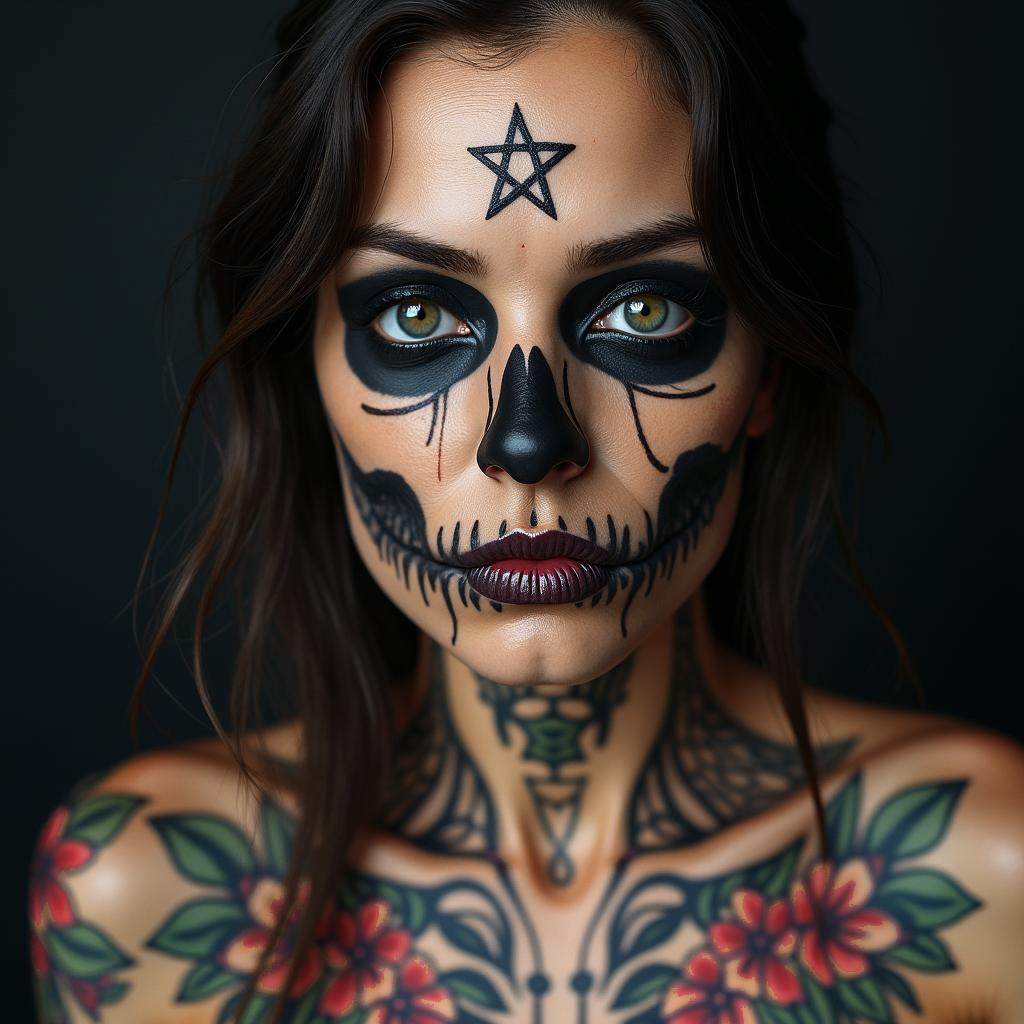 Reflect my lifecreepy horror tattoo style, featuring an eerie and unsettling skull of a demonic creature, distorted face with sharp fangs, add pentagram symbol - Variation 3