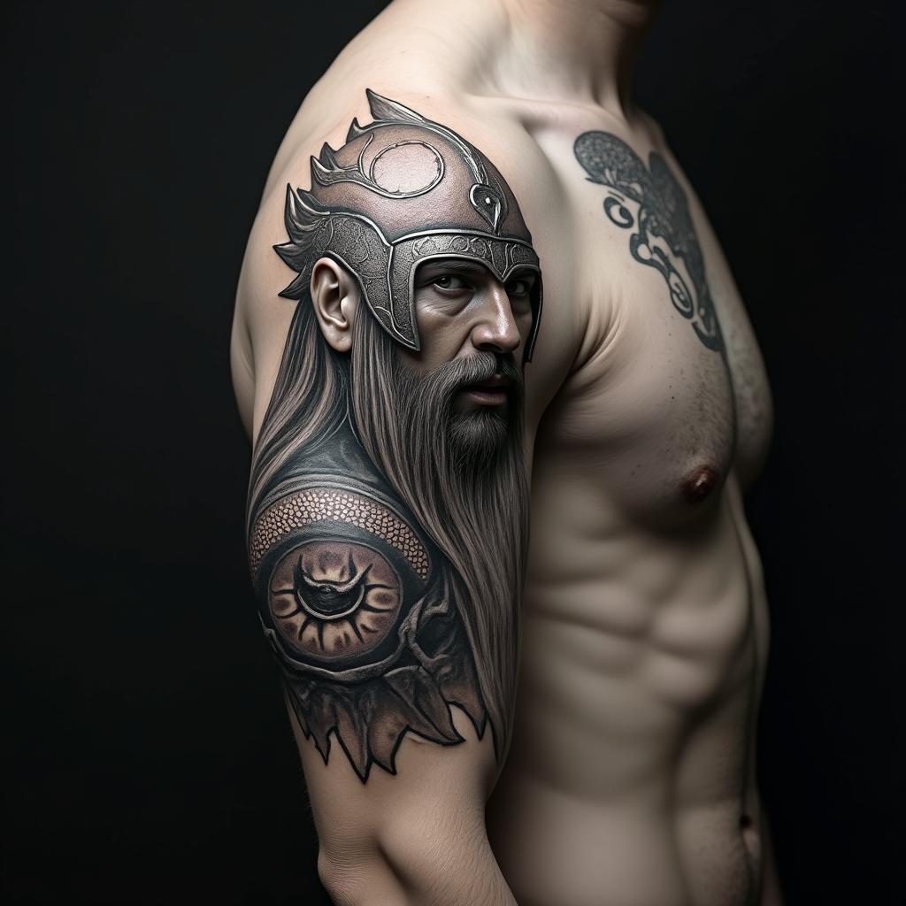 Fierce Viking with intricate helmet designhigly detailed tattoo - Variation 30