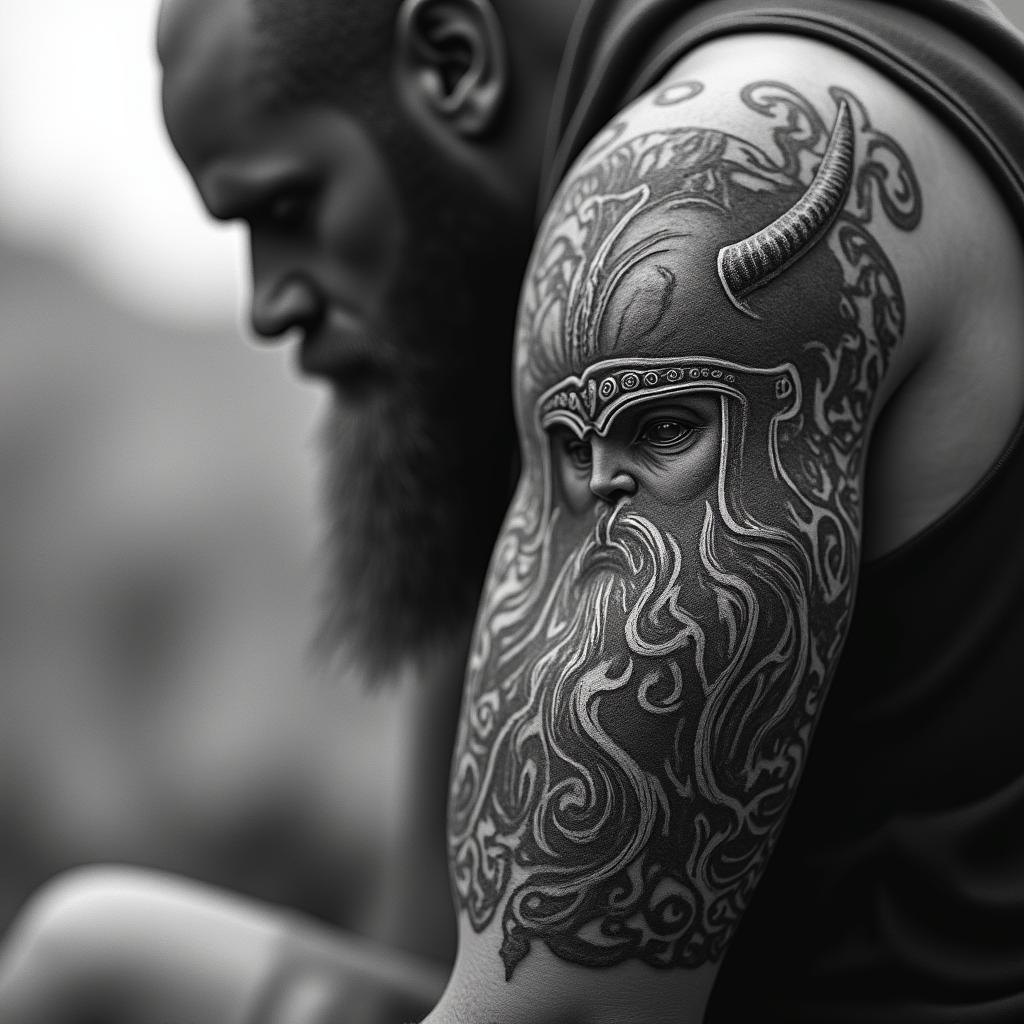 Fierce Viking with intricate helmet designhigly detailed tattoo - Variation 28