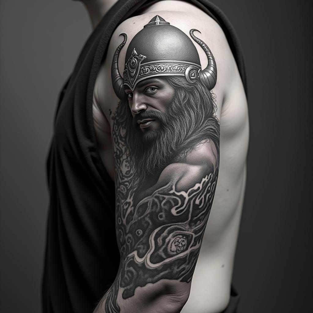 Fierce Viking with intricate helmet designhigly detailed tattoo - Variation 29