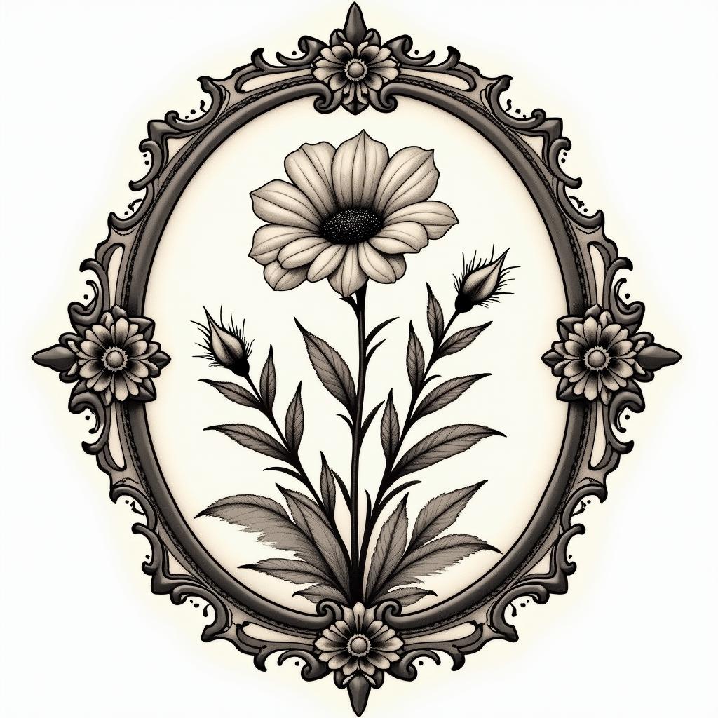 Fantail fern chrysanthemum Jon quillsin victorian style tattoo, featuring vintage and elegant elements, ornate frames, roses, antique, sepia-toned color scheme - Variation 4