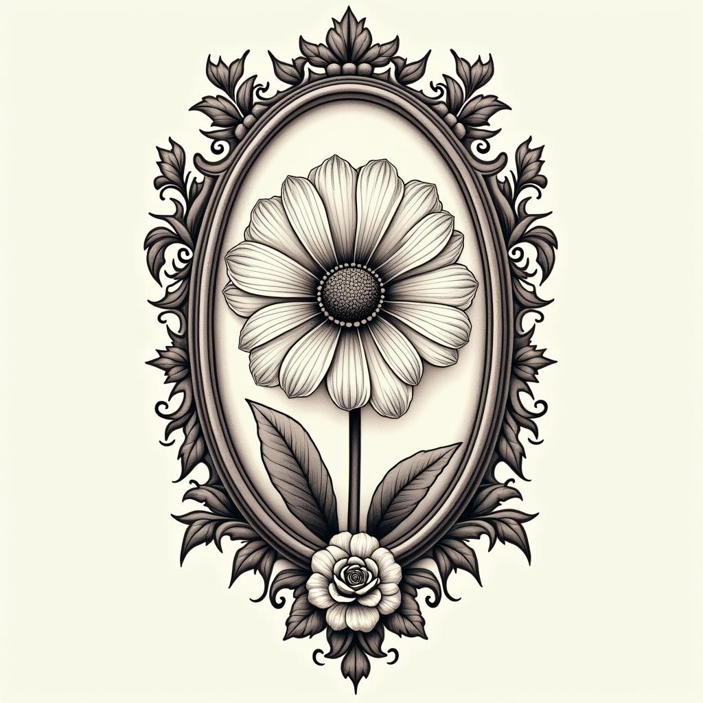 Fantail fern chrysanthemum Jon quillsin victorian style tattoo, featuring vintage and elegant elements, ornate frames, roses, antique, sepia-toned color scheme