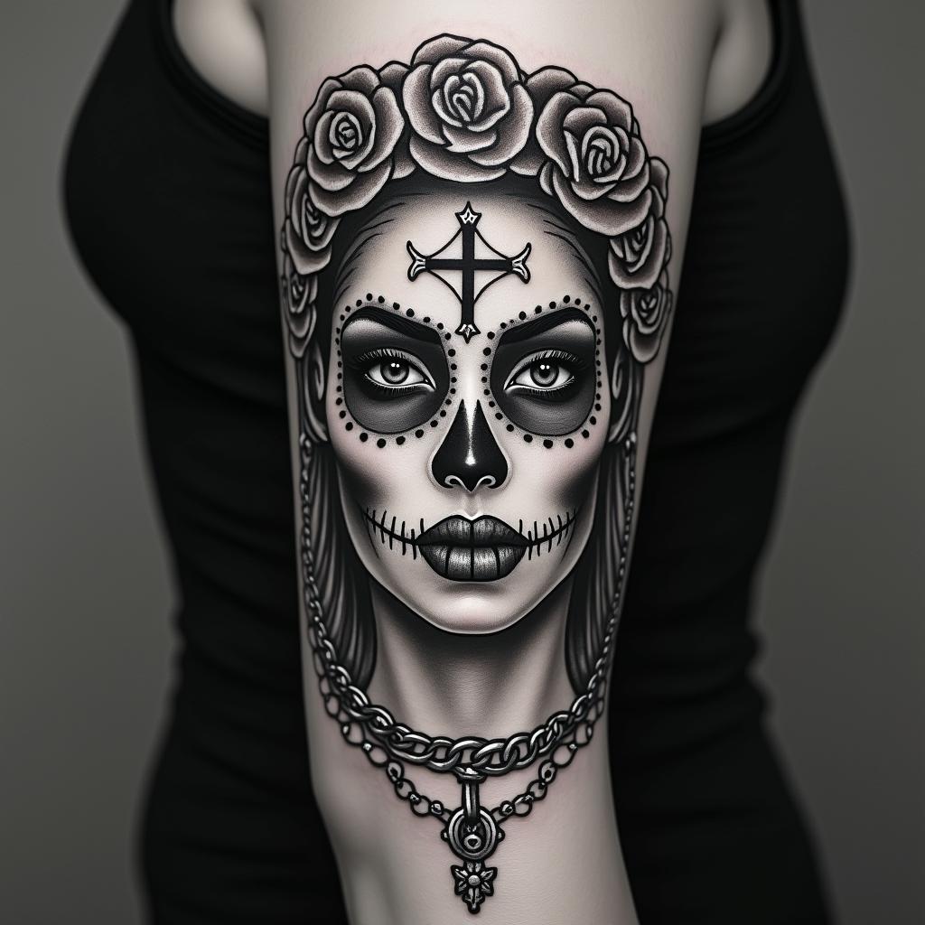 Transform my face into a Catrina tattoo.in chicano style tattoo, featuring intricate black and grey shading, bold elements of traditional chicano culture symbols, add a big cross with skull, chains and roses