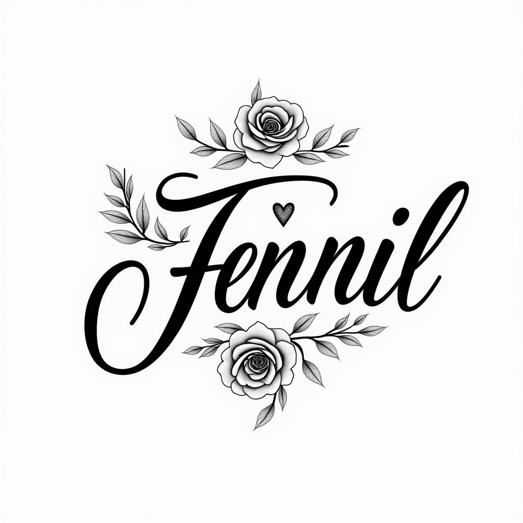 Fern. Fantailin elegant cursive calligraphy style 2d tattoo, decorate with roses, featuring a smooth and flowing handwritten script with slightly thickened strokes for a luxurious and bold appearance,  heart symbol between names,  sleek and glossy black text with shadowing, minimalist matte white background, clean and sharp edges, illuminated with soft lighting, romantic, 8k, high-quality textures with refined typography