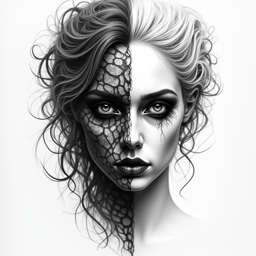 Make a picture of a half beautiful and half dead face, she is called Hel and she is a Goddess and ruler of the underworldhigly detailed tattoo - Variation 2