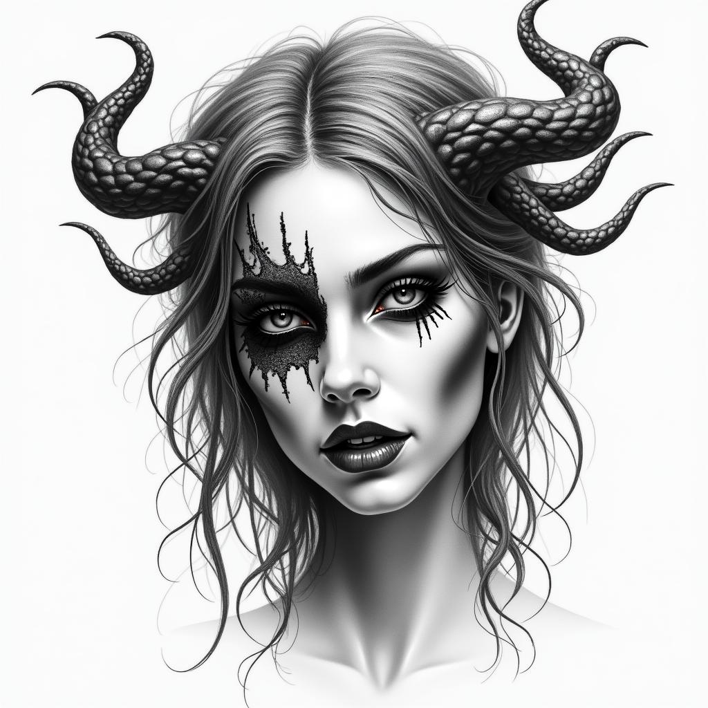 Make a picture of a half beautiful and half dead face, she is called Hel and she is a Goddess and ruler of the underworldhigly detailed tattoo - Variation 3