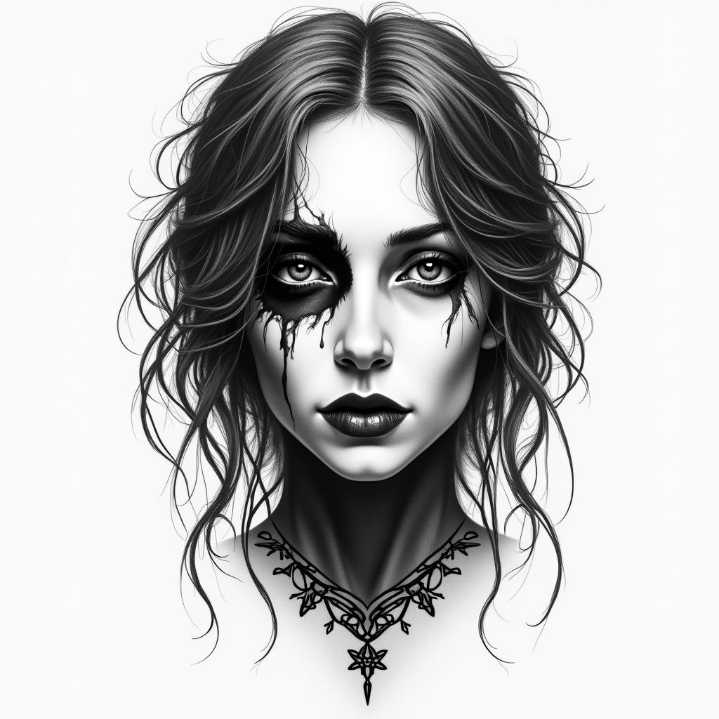 Make a picture of a half beautiful and half dead face, she is called Hel and she is a Goddess and ruler of the underworldhigly detailed tattoo - Variation 4