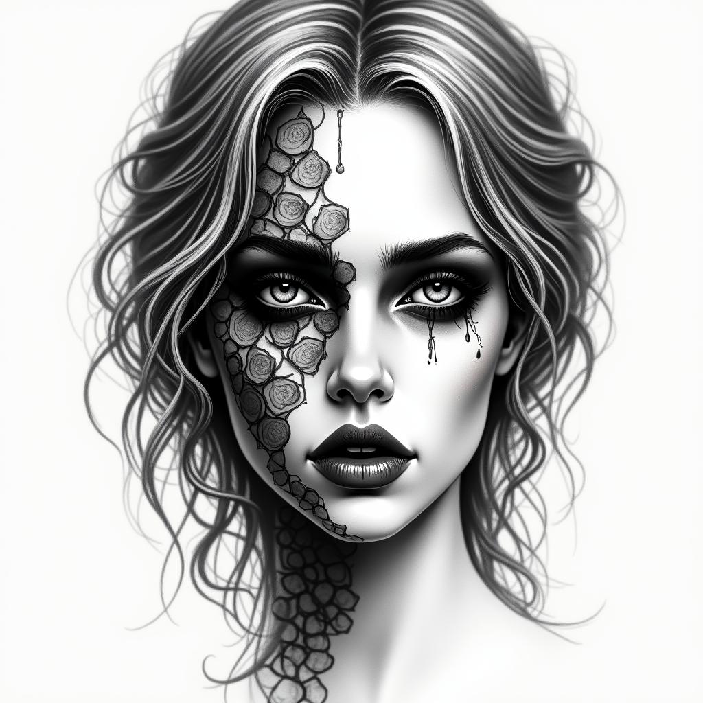 Make a picture of a half beautiful and half dead face, she is called Hel and she is a Goddess and ruler of the underworldhigly detailed tattoo