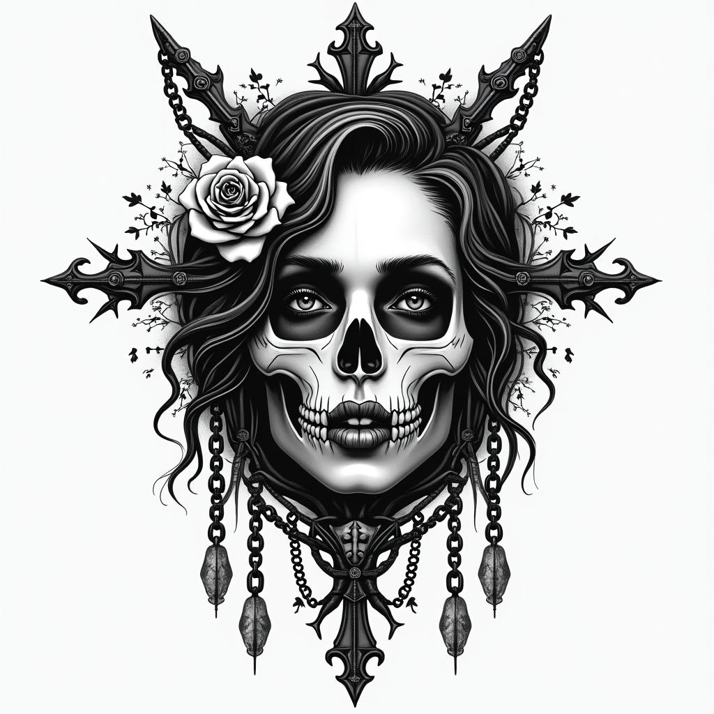 Make a picture of a half beautiful and half dead face, she is called Hel and she is a Goddess and ruler of the underworldin chicano style tattoo, featuring intricate black and grey shading, bold elements of traditional chicano culture symbols, add a big cross with skull, chains and roses