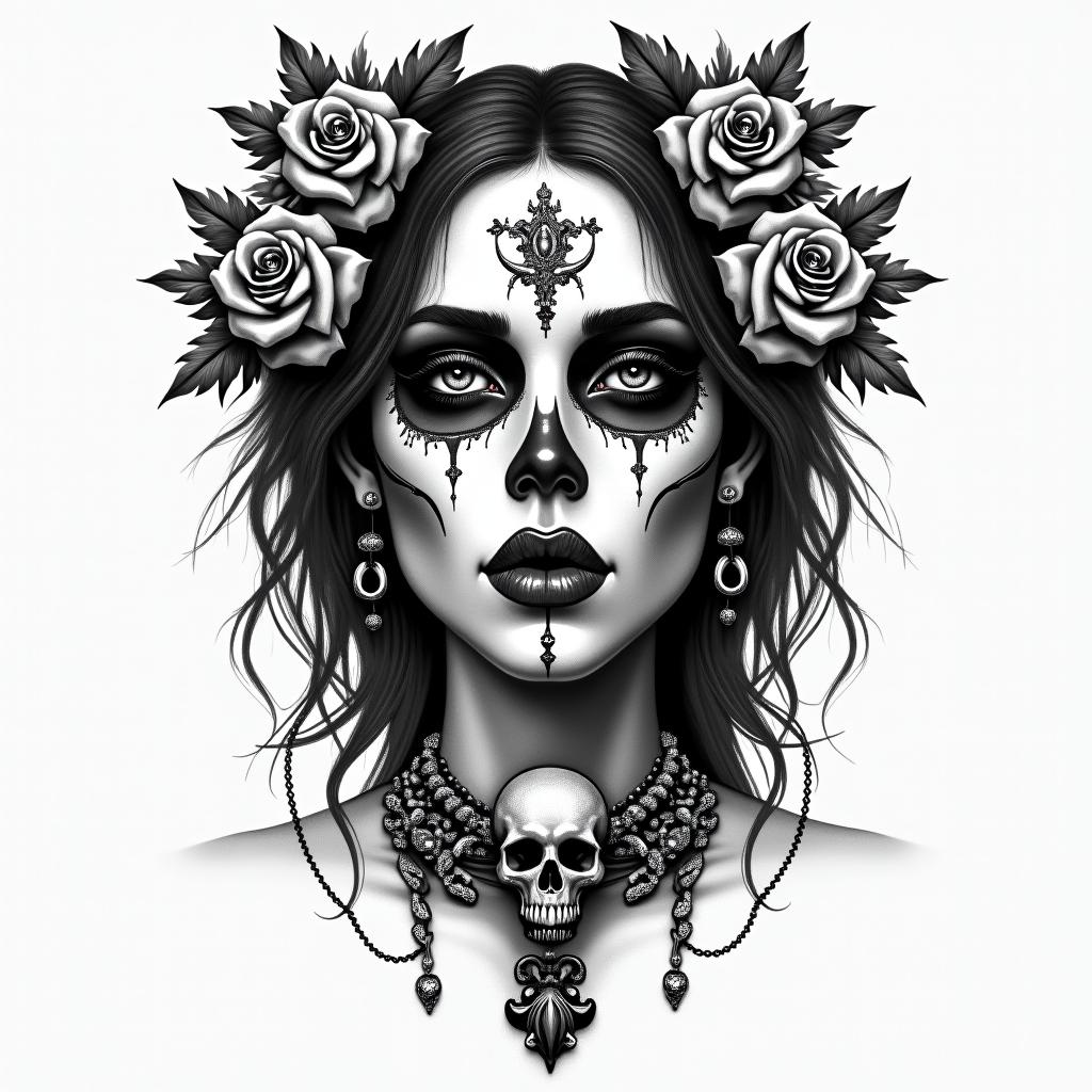 Make a picture of a half beautiful and half dead face, she is called Hel and she is a Goddess and ruler of the underworldin chicano style tattoo, featuring intricate black and grey shading, bold elements of traditional chicano culture symbols, add a big cross with skull, chains and roses - Variation 4