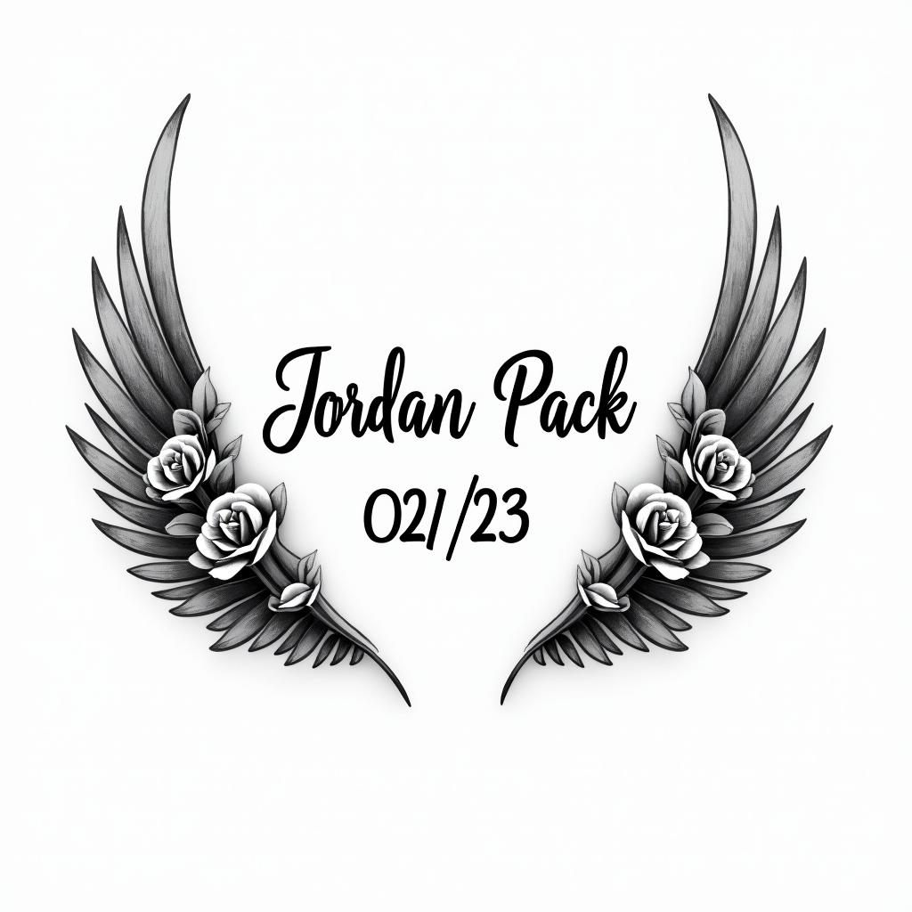 The name Jordan Pack and the date 02/15/23 with wings around each sidein elegant cursive calligraphy style 2d tattoo, decorate with roses, featuring a smooth and flowing handwritten script with slightly thickened strokes for a luxurious and bold appearance,  heart symbol between names,  sleek and glossy black text with shadowing, minimalist matte white background, clean and sharp edges, illuminated with soft lighting, romantic, 8k, high-quality textures with refined typography - Variation 9