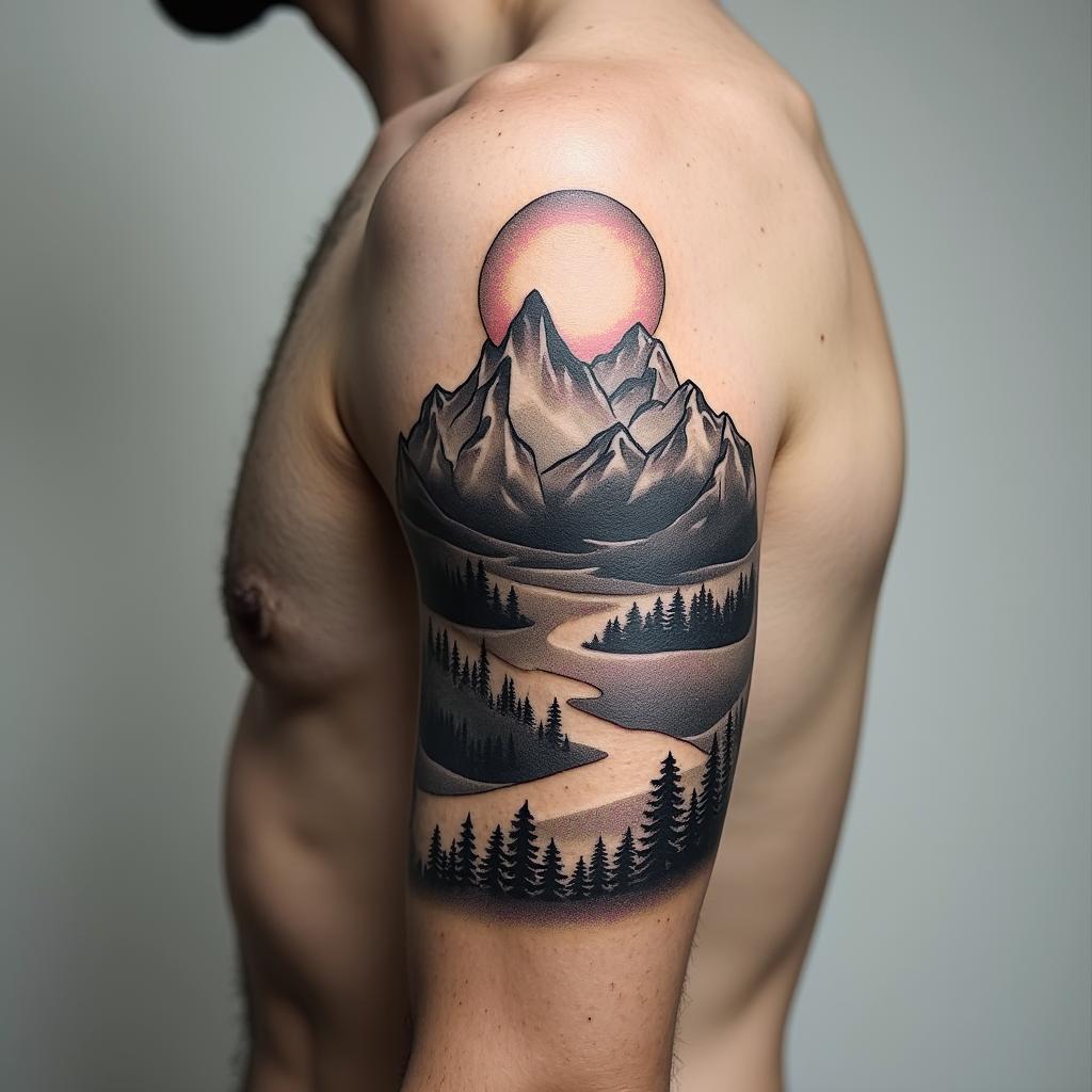 Mountain range with a risingtext-based tattoo, japanese font ultra-realistic, perfectly placed, high-quality font design, photo-realistic shading, 8k, high quality, finely detailed typograph - Variation 4