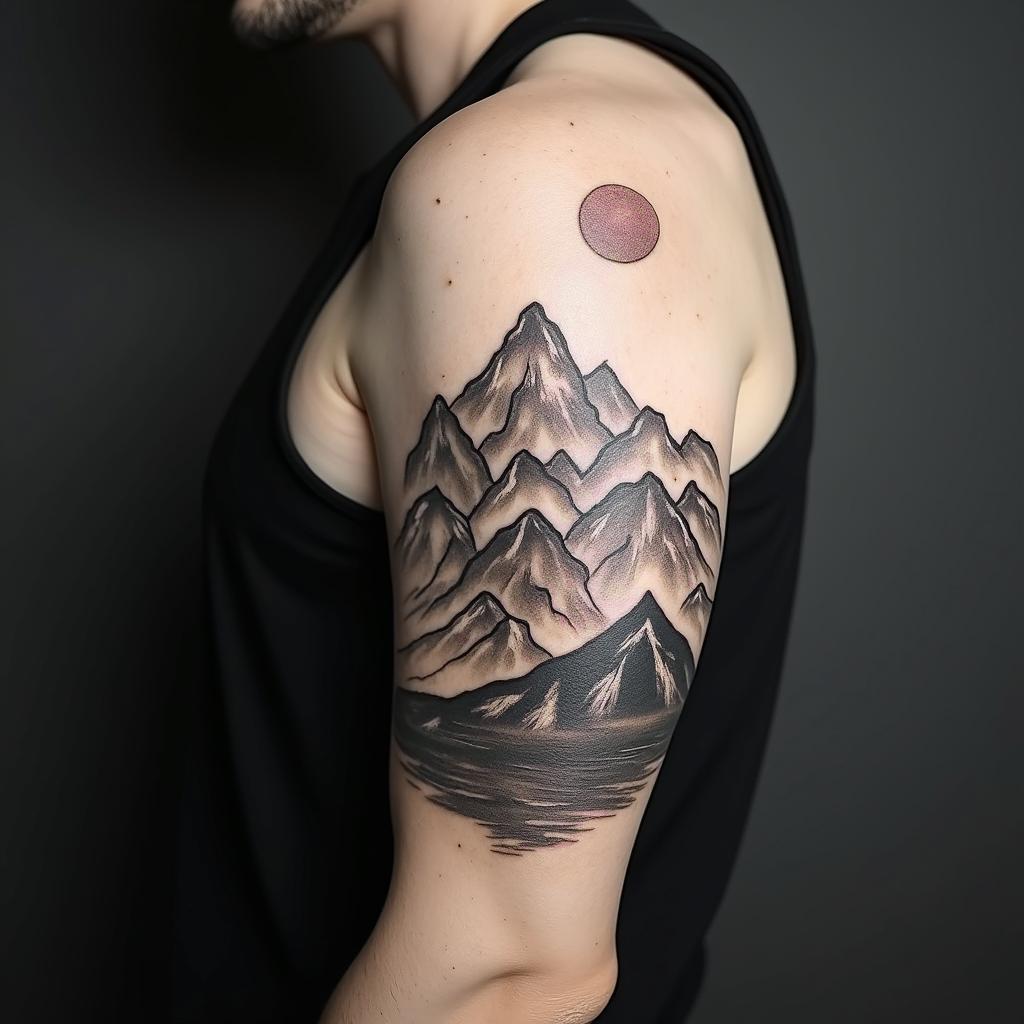 Mountain range with a risingtext-based tattoo, japanese font ultra-realistic, perfectly placed, high-quality font design, photo-realistic shading, 8k, high quality, finely detailed typograph