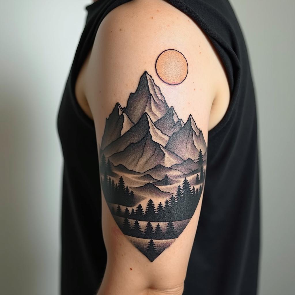 Mountain range with a risingtext-based tattoo, japanese font ultra-realistic, perfectly placed, high-quality font design, photo-realistic shading, 8k, high quality, finely detailed typograph - Variation 2