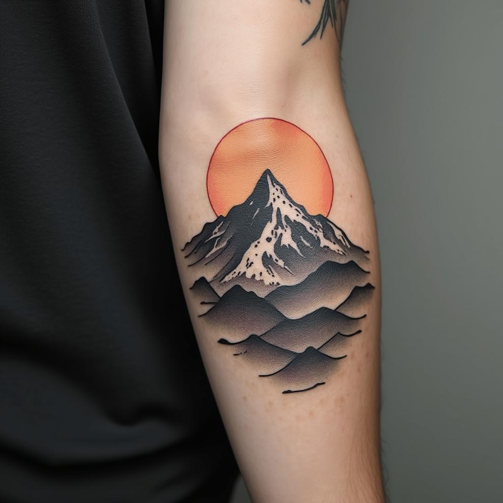 Mountain range with a risingtext-based tattoo, japanese font ultra-realistic, perfectly placed, high-quality font design, photo-realistic shading, 8k, high quality, finely detailed typograph - Variation 3