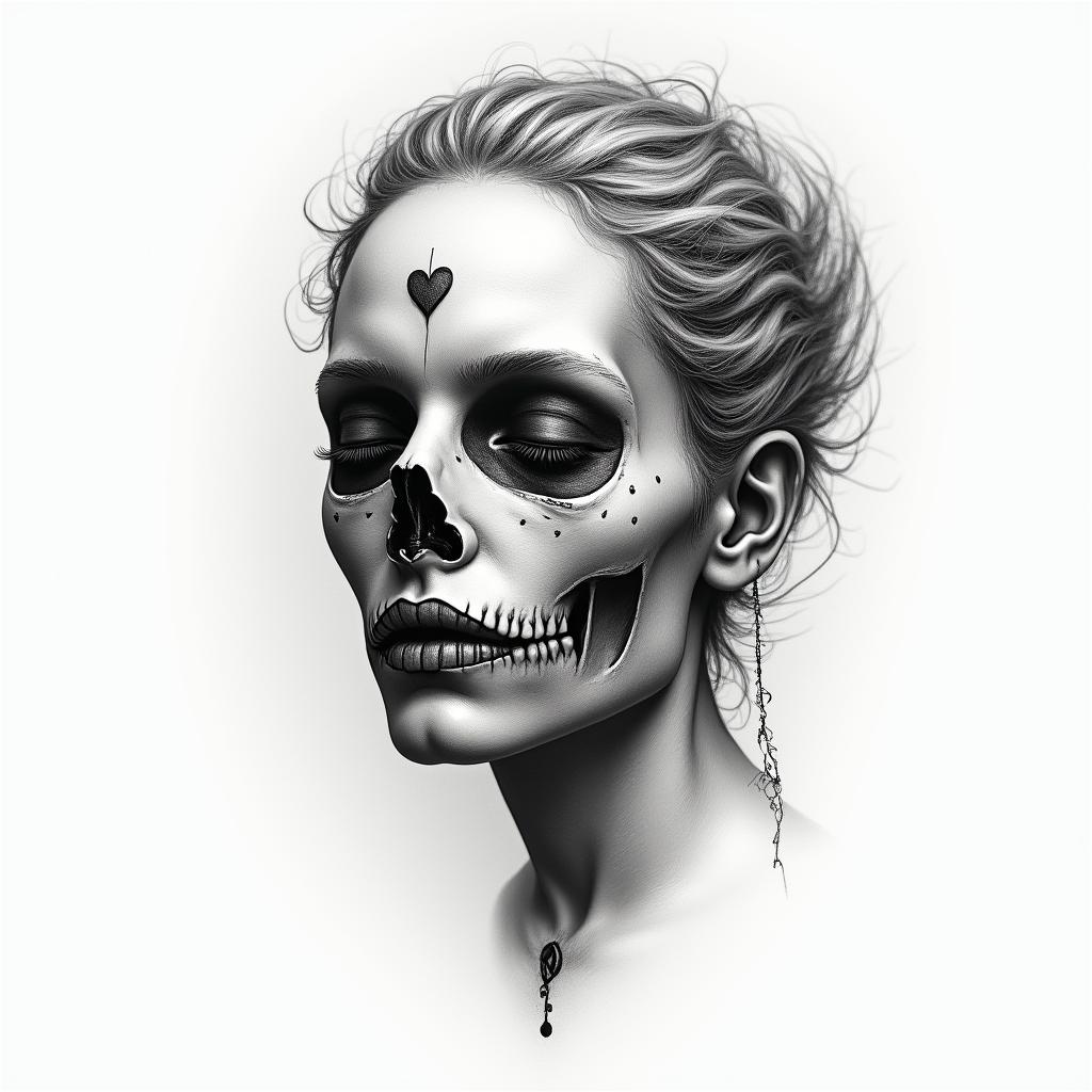 Make a picture of a half beautiful and half dead and rotting face, she is called Hel and she is a Goddess and ruler of the underworldin Modest style tattoo, featuring soft, delicate line work with simple and meaningful symbols, gentle waves, a heart, evoking a sense of serenity and grace,