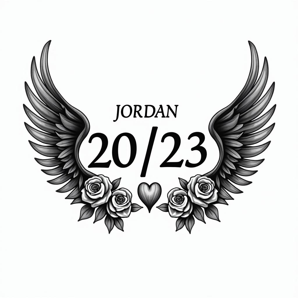 The name Jordan Pack and the date 02/15/23 with wings around each sidein elegant cursive calligraphy style 2d tattoo, decorate with roses, featuring a smooth and flowing handwritten script with slightly thickened strokes for a luxurious and bold appearance,  heart symbol between names,  sleek and glossy black text with shadowing, minimalist matte white background, clean and sharp edges, illuminated with soft lighting, romantic, 8k, high-quality textures with refined typography - Variation 3