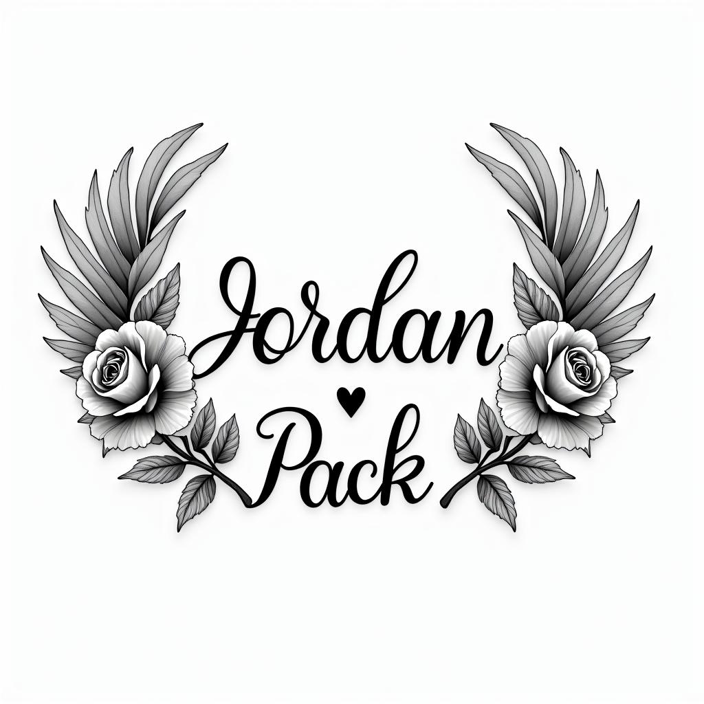 The name Jordan Pack and the date 02/15/23 with wings around each sidein elegant cursive calligraphy style 2d tattoo, decorate with roses, featuring a smooth and flowing handwritten script with slightly thickened strokes for a luxurious and bold appearance,  heart symbol between names,  sleek and glossy black text with shadowing, minimalist matte white background, clean and sharp edges, illuminated with soft lighting, romantic, 8k, high-quality textures with refined typography - Variation 5