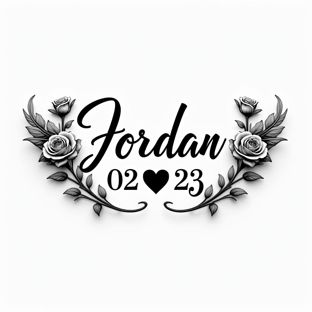 The name Jordan Pack and the date 02/15/23 with wings around each sidein elegant cursive calligraphy style 2d tattoo, decorate with roses, featuring a smooth and flowing handwritten script with slightly thickened strokes for a luxurious and bold appearance,  heart symbol between names,  sleek and glossy black text with shadowing, minimalist matte white background, clean and sharp edges, illuminated with soft lighting, romantic, 8k, high-quality textures with refined typography - Variation 4