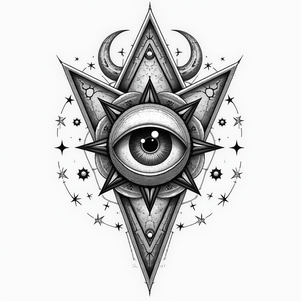 Kelvin Dias Galego, April 16, 1997, Aries sign.in prophecy tattoo style, featuring mystical symbols, celestial imagery like stars, moons, suns, geometric patterns, foretelling elements, an eye of wisdom - Variation 4